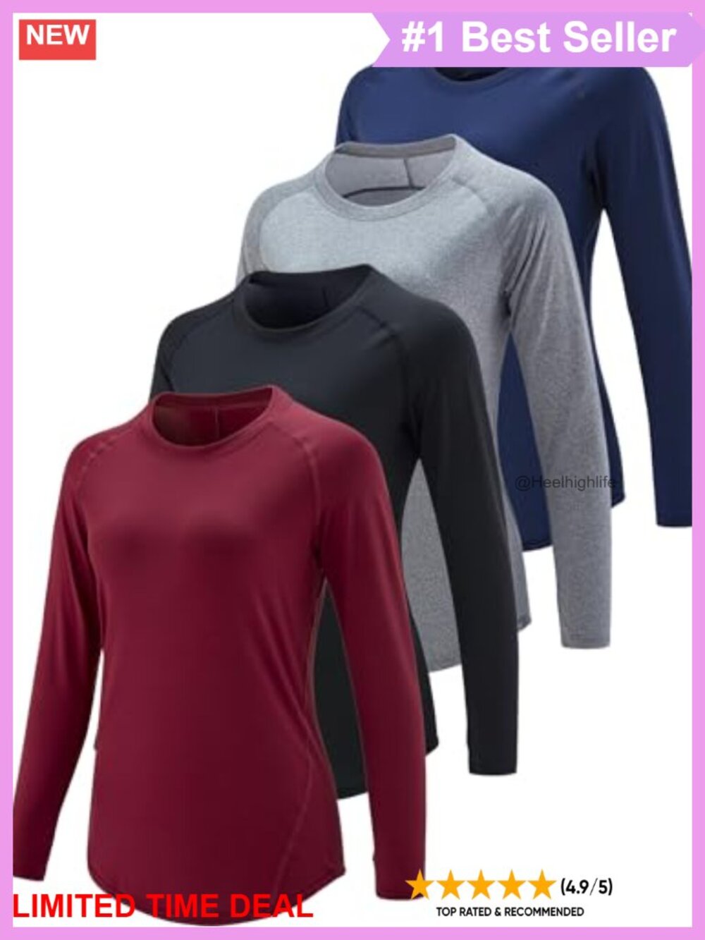 4 Pack Long Sleeve Athletic Tops Moisture Wicking Thumbhole Workout Tees